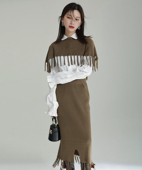 Fringe Knit Cape & Skirt Co-ord